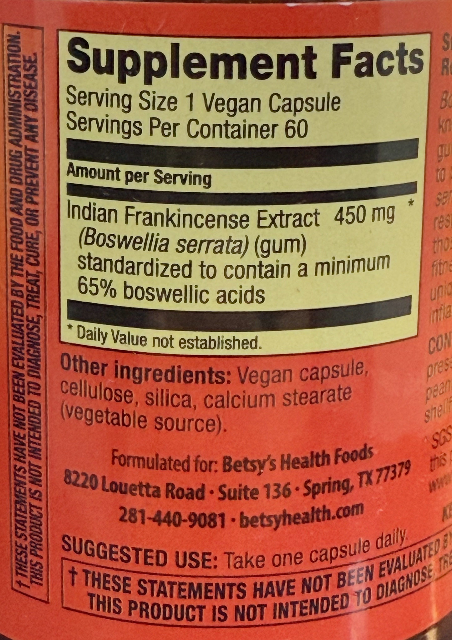 Betsy_s Basics Standardized Boswellia 450 mg Supplement Facts