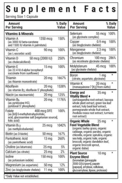 Bluebonnet Nutrition Maxi One Whole Food Based Multiple Iron Free Supplement Facts