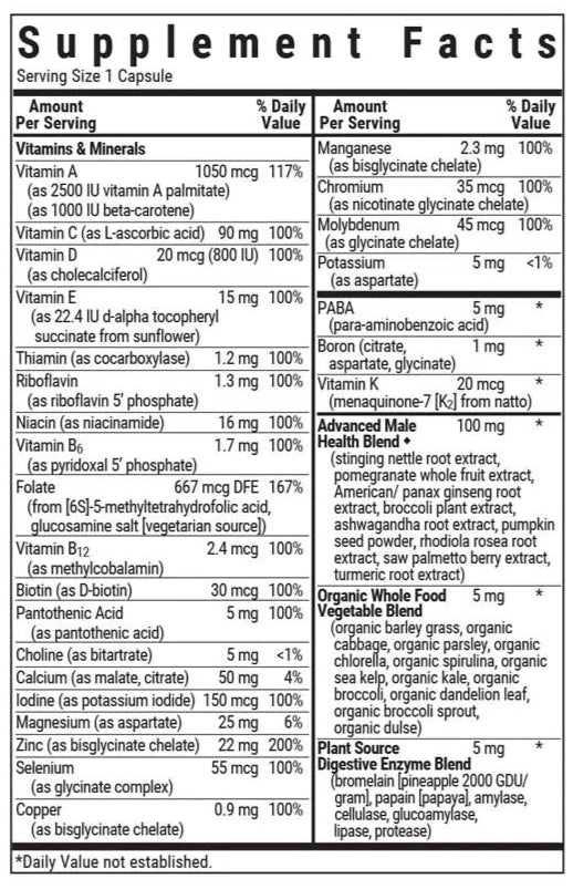 Bluebonnet Nutrition One for Men Multiple Supplement Facts