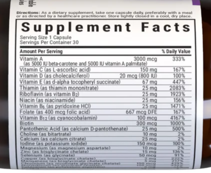Bluebonnet Nutrition Multi One Iron Free Supplement Facts
