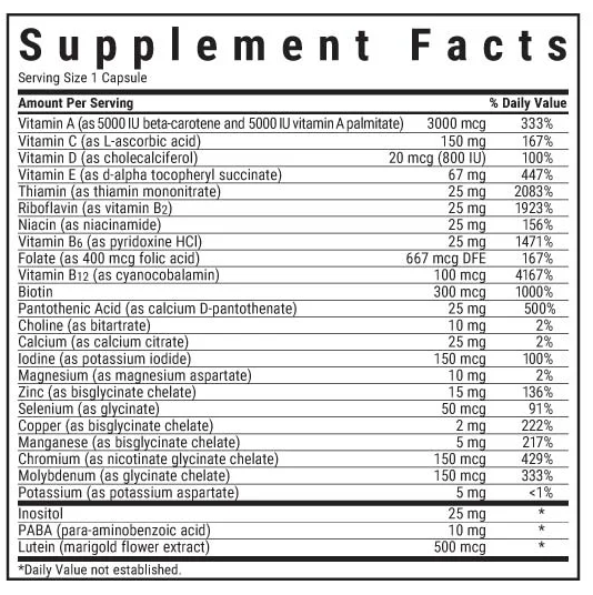 Bluebonnet Nutrition Multi One Iron Free Supplement Facts