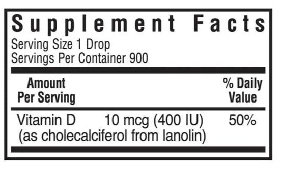 Bluebonnet Nutrition Liquid Vitamin D3 Drops 10 mcg-400 iu Supplement Facts