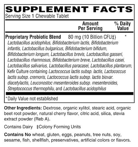 Betsy_s Basics Chewable Adult Probiotic 10 Billion CFU Supplement Facts