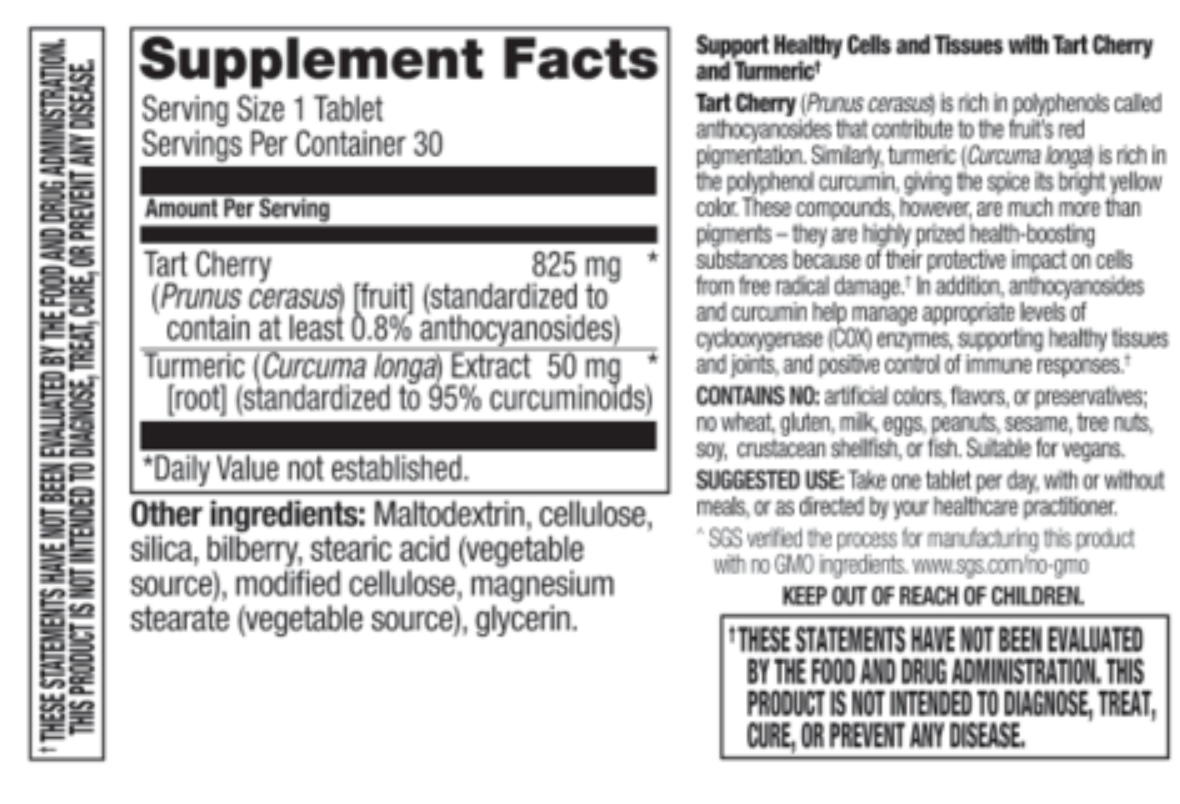 Betsys Basics Tart Cherry with Turmeric Supplement Facts
