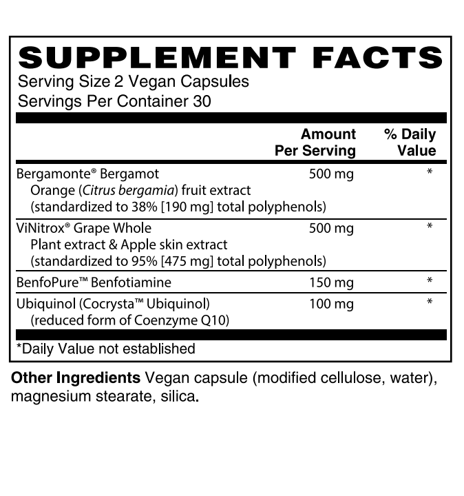 A supplement facts label with a black-and-white supplement facts panel showing serving size, servings per container, and listed ingredients including Bergamont, VinNitrox Grape Whole, BenfoPure, and Ubiquinol.