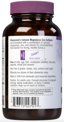 Bluebonnet Nutrition Calcium Magnesium Zinc Left Panel