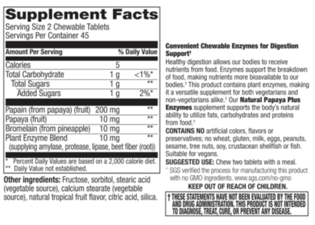 Betsy_s Basics Chewable Natural Papaya Enzymes Supplement Facts Label