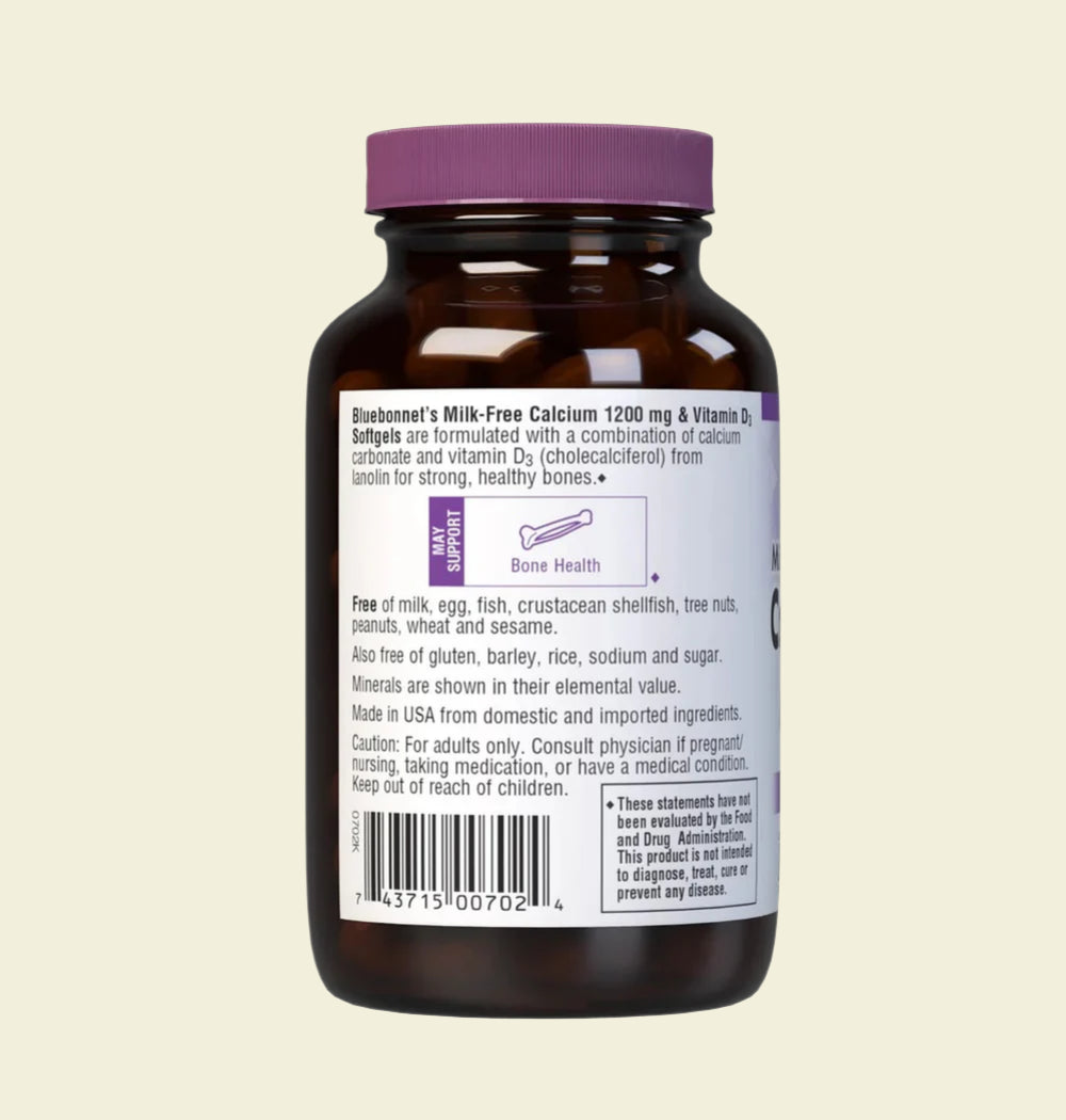 Bluebonnet Nutrition Milk-Free Calcium 1200 mg and Vitamin D3 Left Panel