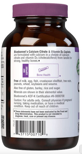 Bluebonnet Nutrition Calcium Citrate and Vitamin D3 Caplets Left Panel