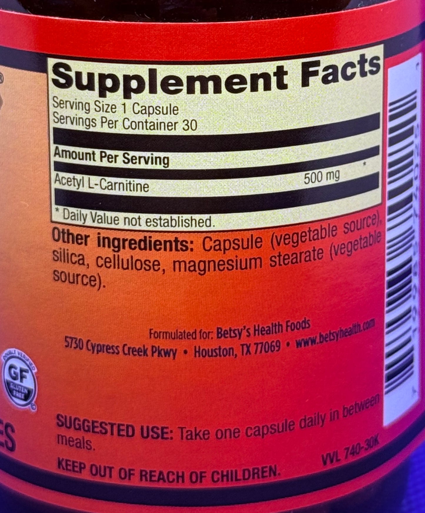 Betsy_s Basics Acetyl L-Carnitine 500 mg Supplement Facts