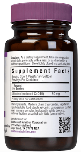 Bluebonnet Nutrition Ubiquinol 50 mg Supplement Facts