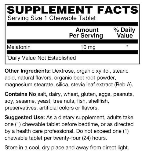High Potency Chewable Melatonin 10 mg Supplement Facts
