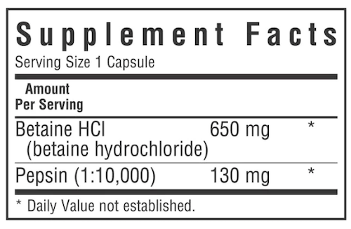 Bluebonnet Nutrition Betaine HCl and Pepsin Supplement Facts