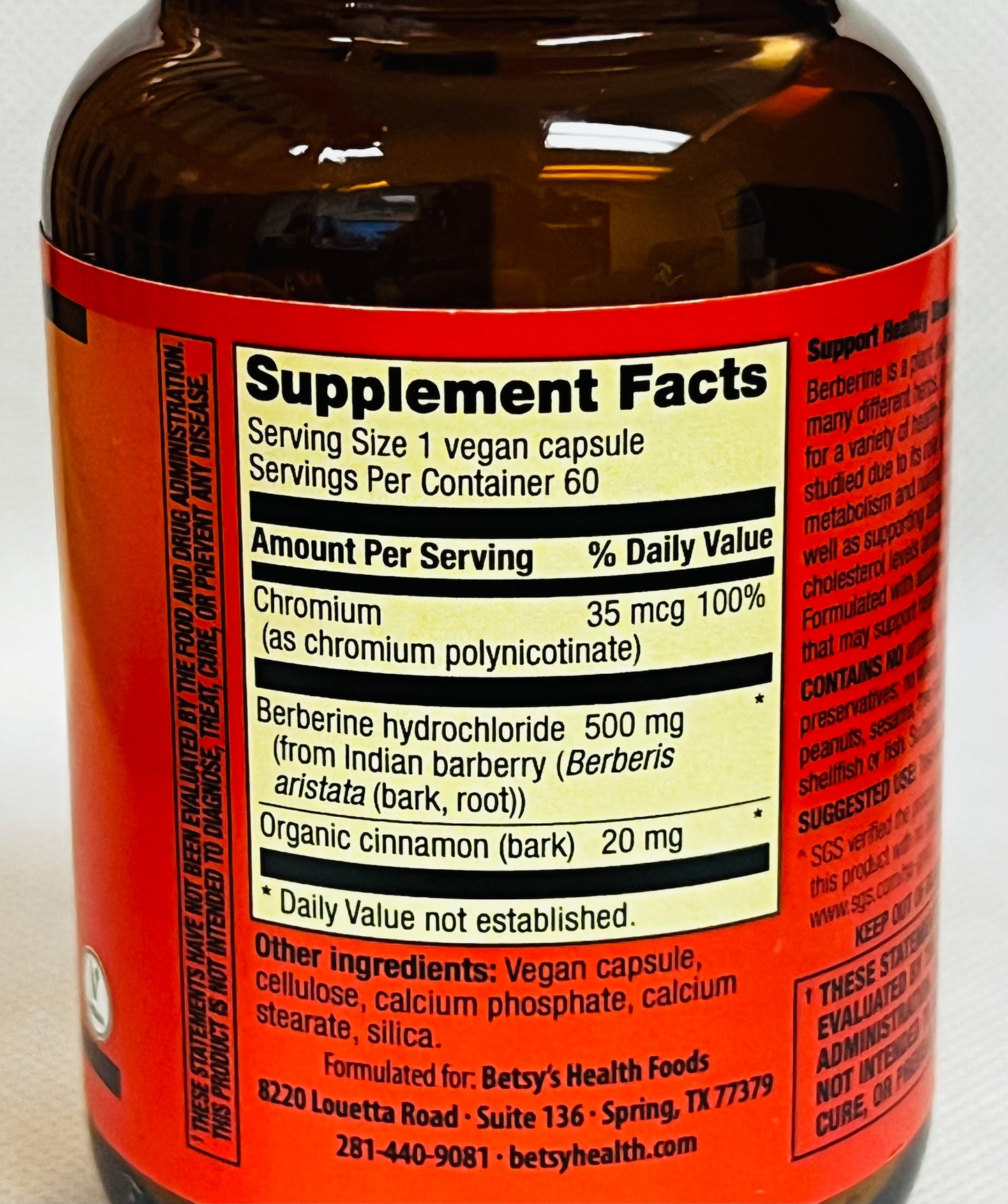 Betsy_s Basics High Potency Berberine with Chromium Supplement Facts