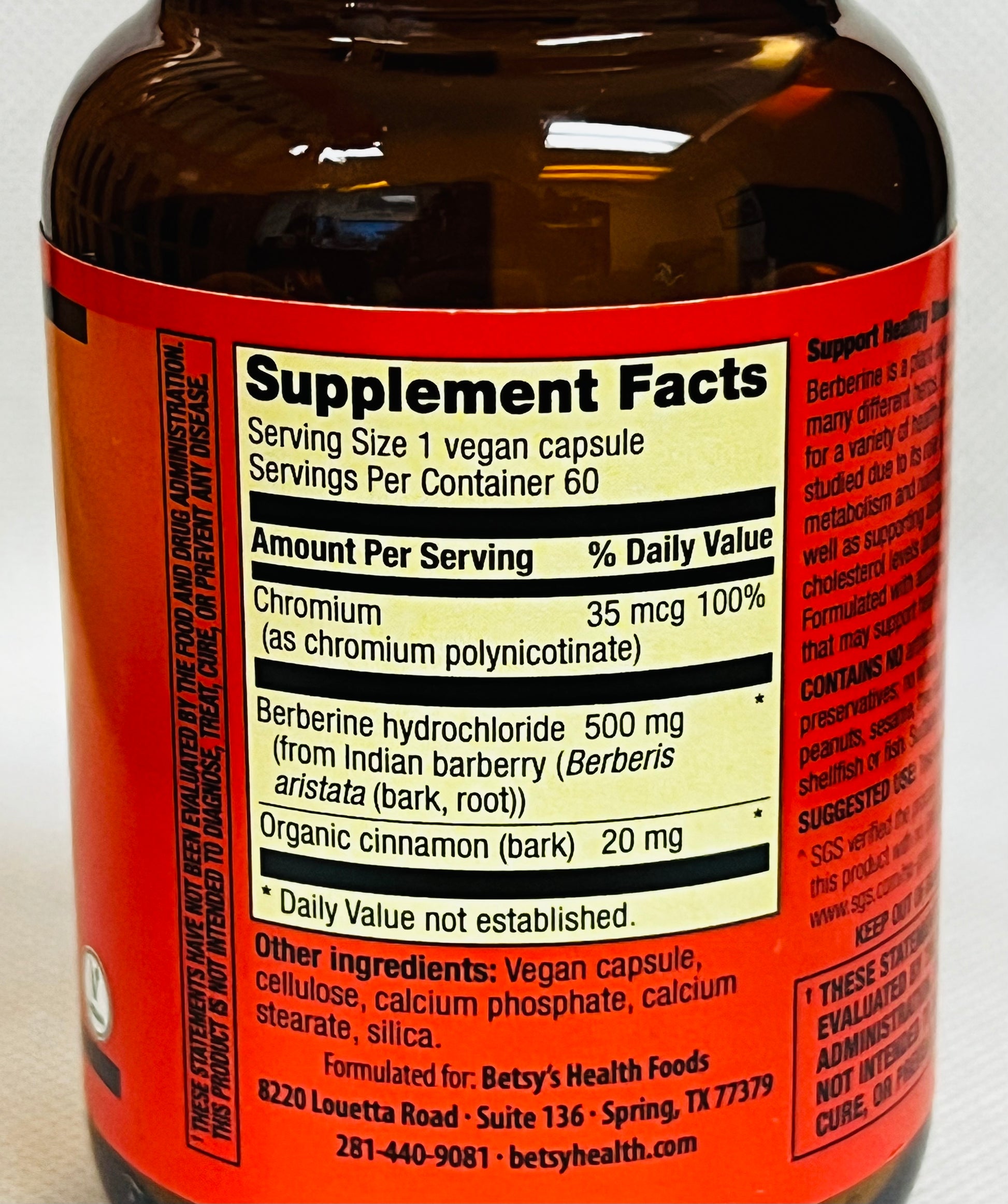 Betsy_s Basics High Potency Berberine with Chromium Supplement Facts