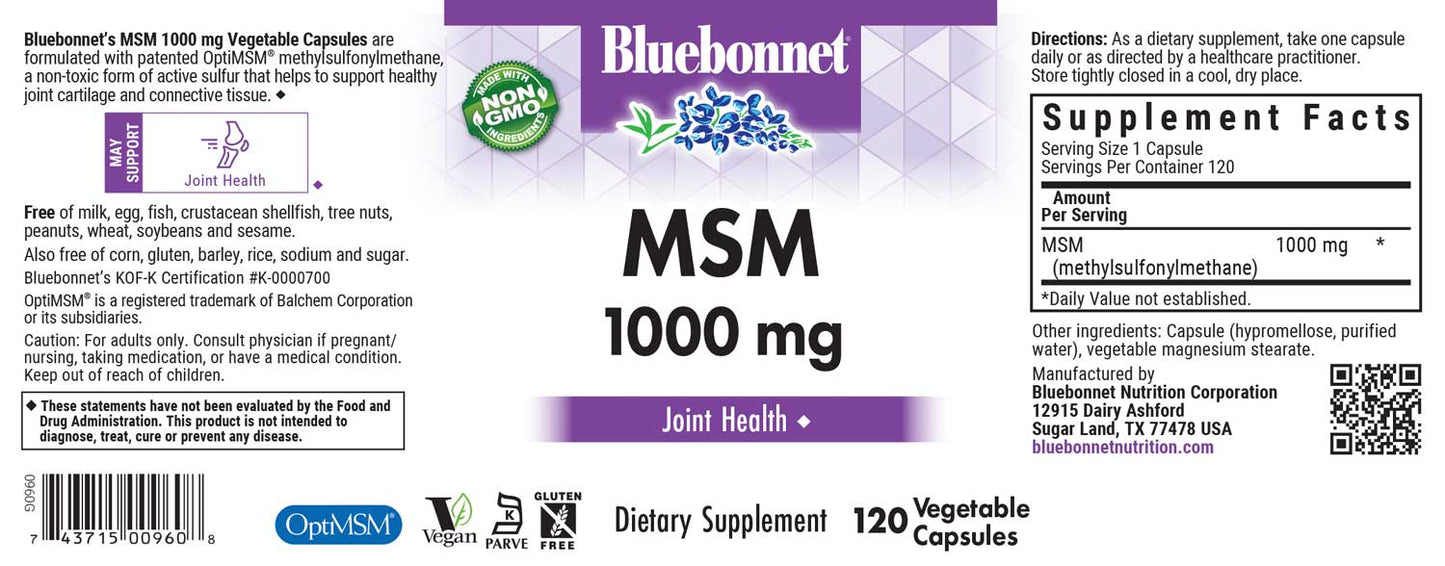Bluebonnet Nutrition MSM 1000 mg Full Label