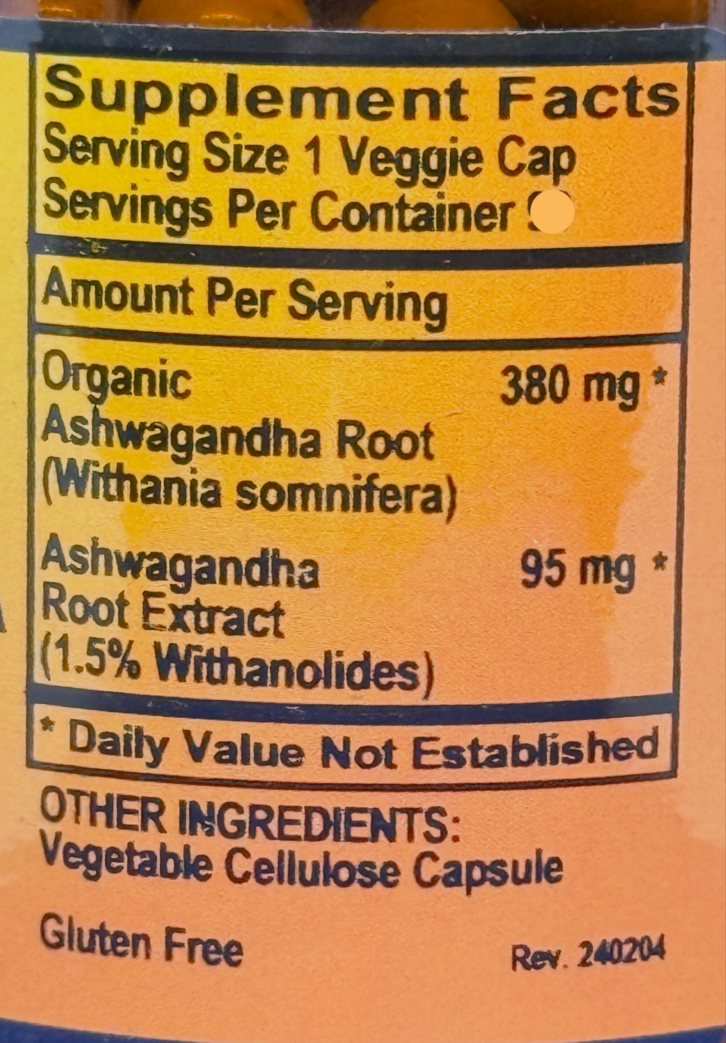 Betsy_s Basics Ashwagandha Supplement Facts