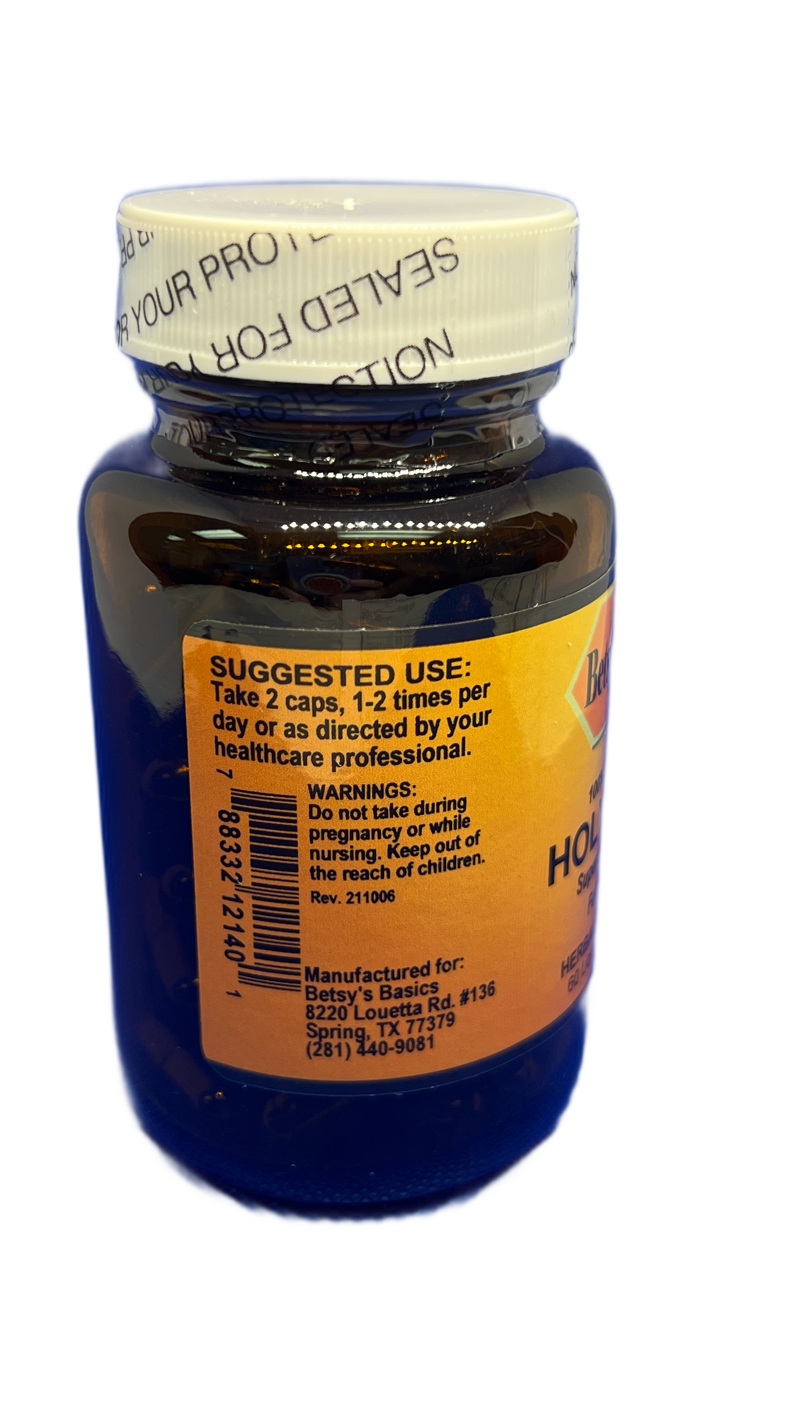 Betsy_s Basics Holy Basil Supercritical Extract Plus Full Spectrum Liquid Veggie Caps Left Panel