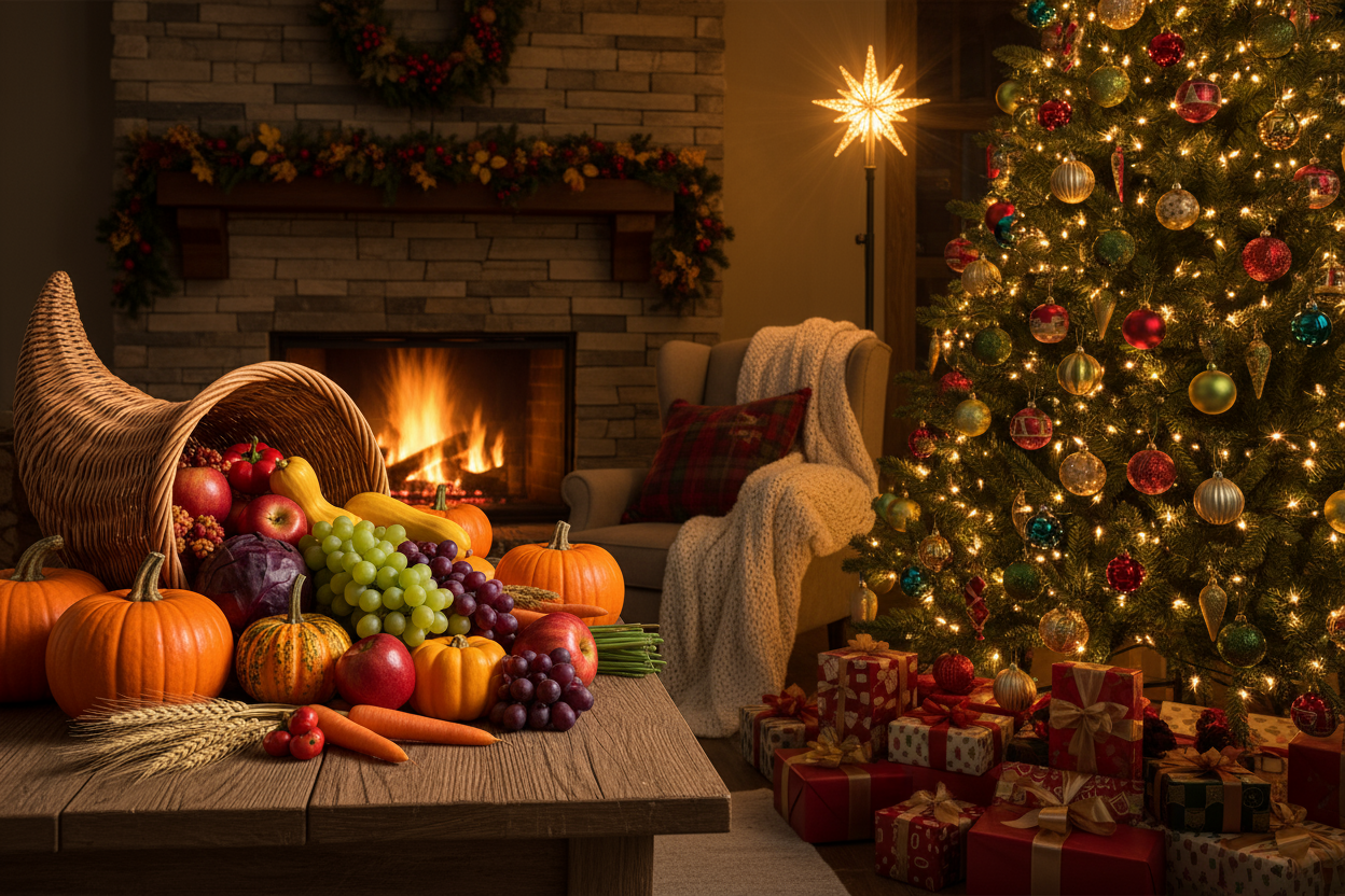 holidays with cornucopia for thanksgiving and Christmas tree