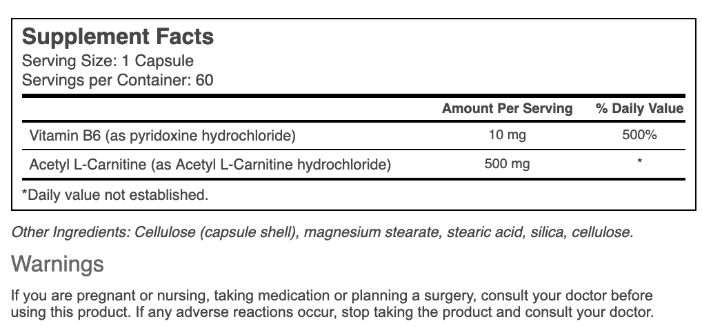 Country Life Acetyl L-Carnitine 500 mg Supplement Facts