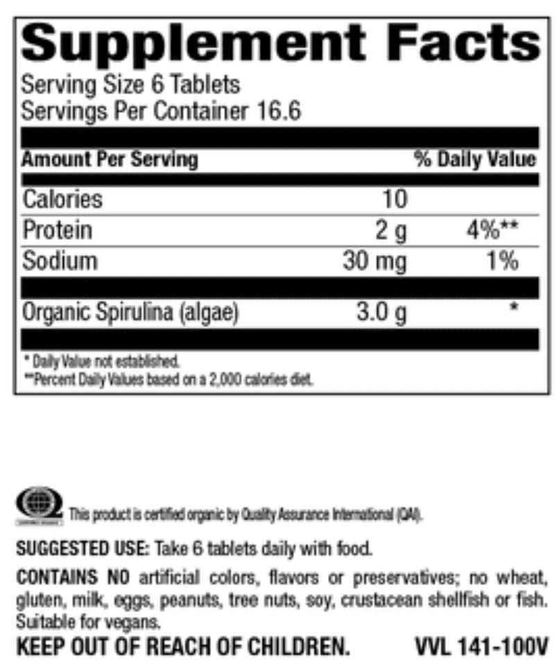Betsy_s Basics 100 percent Organic Spirulina 500 mg Supplement Facts 1 of 2
