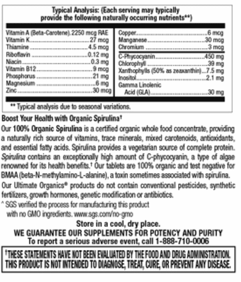 Betsy_s Basics 100 percent Organic Spirulina 500 mg Supplement Facts 2 of 2