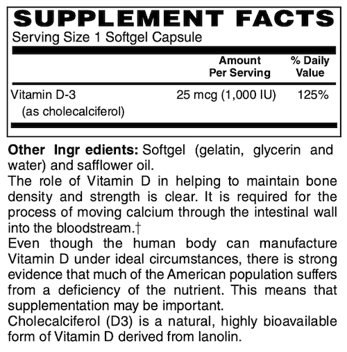 Betsy_s Basics Vitamin D3 1000 iu Supplement Facts