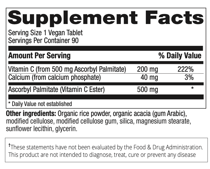 Betsy_s Basics Ascorbyl Palmitate 500 mg Liposomal Vitamin C Ester Supplement Facts