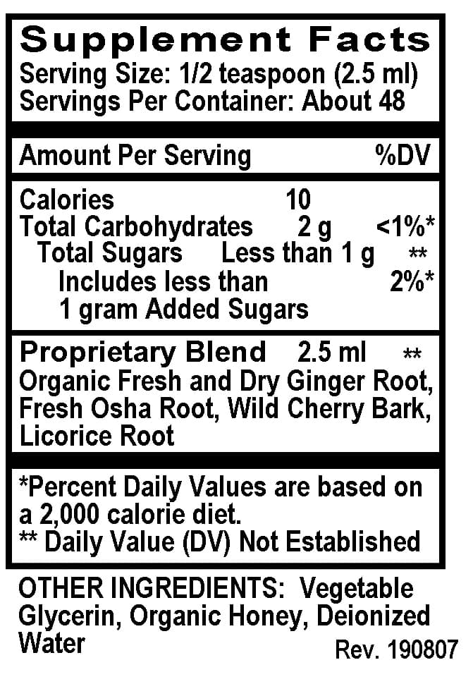 Betsy_s Basics Ginger Zinger Bronchial Syrup Supplement Facts