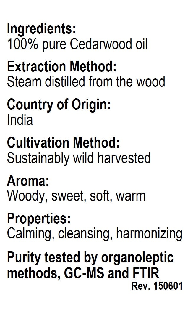 Betsy's Basics Himalayan Cedarwood Essential Oil Facts Panel