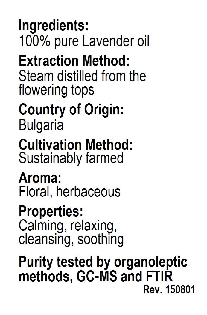 Betsy's Basics Lavender Bulgarian Essential Oil Facts Panel