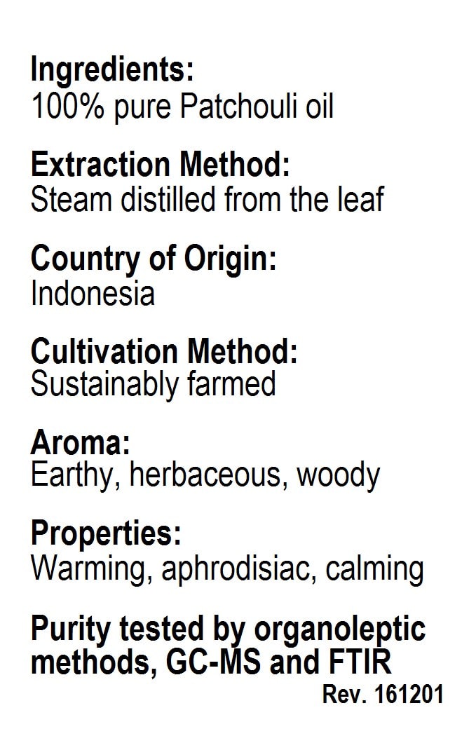 Betsy's Basics Patchouli Oil Essential Oil Facts Panel