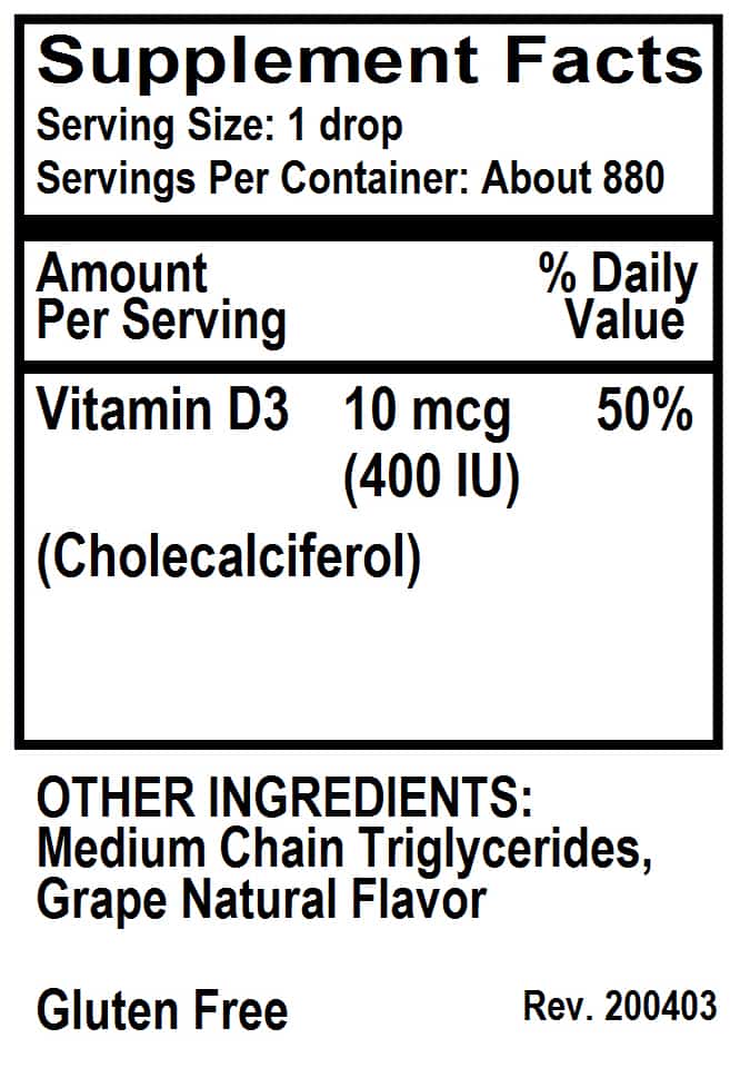 Betsy_s Basics D3 for Kids 400 iu Liquid Alcohol Free Grape Flavor Supplement Facts