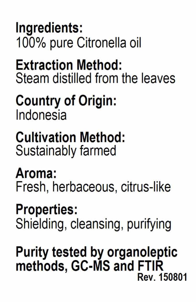 Betsy_s Basics Citronella Essential Oil Ingredients Label
