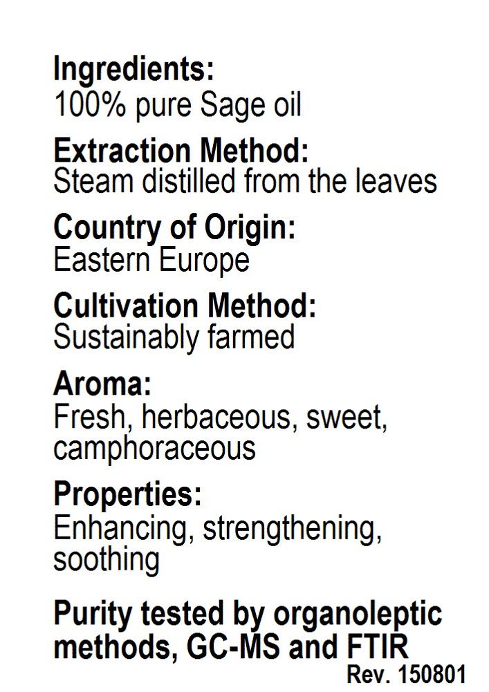 Betsy's Basics Sage Essential Oil Facts Panel