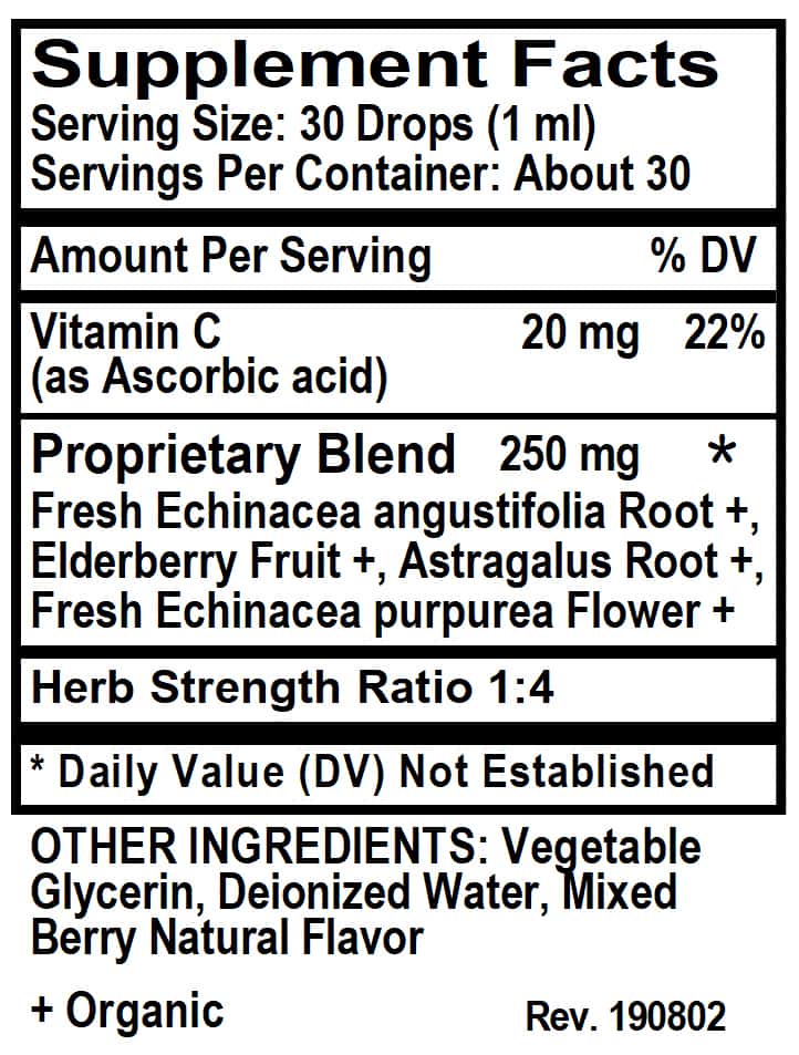 Betsy_s Basics Kid_s Echinacea Plus Alcohol Free Berry Flavor Liquid Supplement Facts