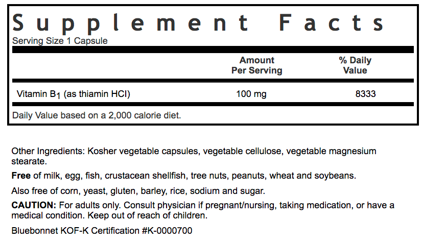 Bluebonnet Nutrition VITAMIN B1 100 MG Supplement Facts