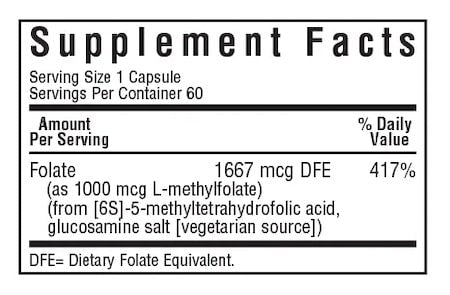 Bluebonnet Nutrition Methylfolate 1000 mcg Vegetable Caps Supplement Facts