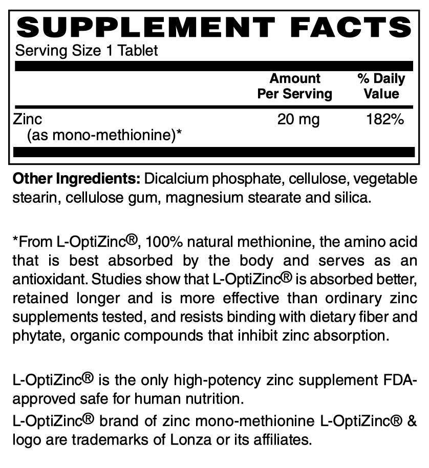 Betsy_s Basics L-OptiZinc Zinc 20 mg Supplement Facts