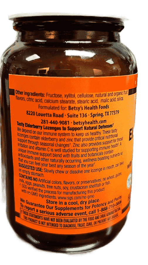 Betsy_s Basics Elderberry and Zinc Lozenges with vitamin C and antioxidant support Left Panel Information