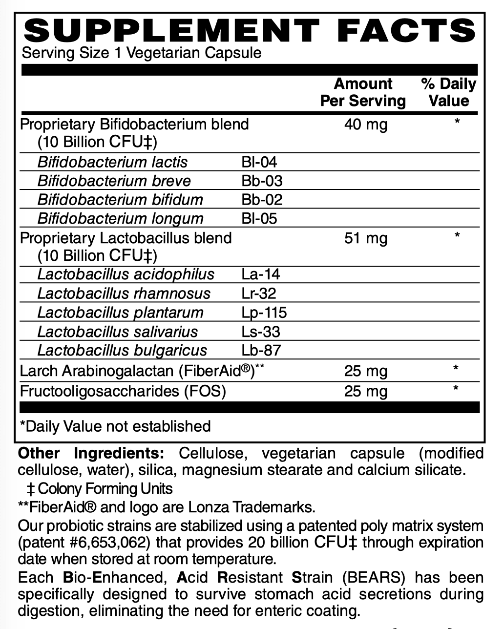 Betsy_s Basics 20 Billion Probiotic Supplement Facts