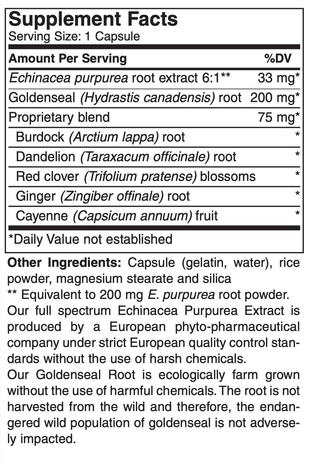 Betsy_s Basics Echinacea and Goldenseal Supplement Facts