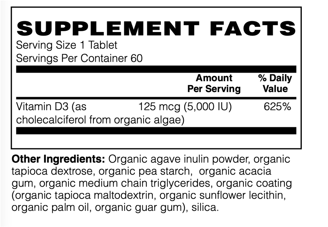 Certified Organic Whole Food Vitamin D-3 125 mcg (5,000 iu), 60 tabs
