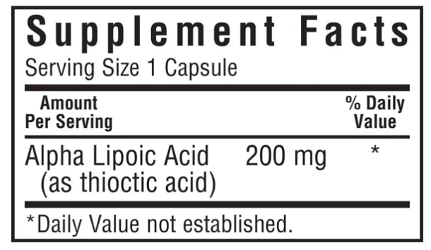 Bluebonnet Nutrition Alpha Lipoic Acid 200 mg Supplement Facts