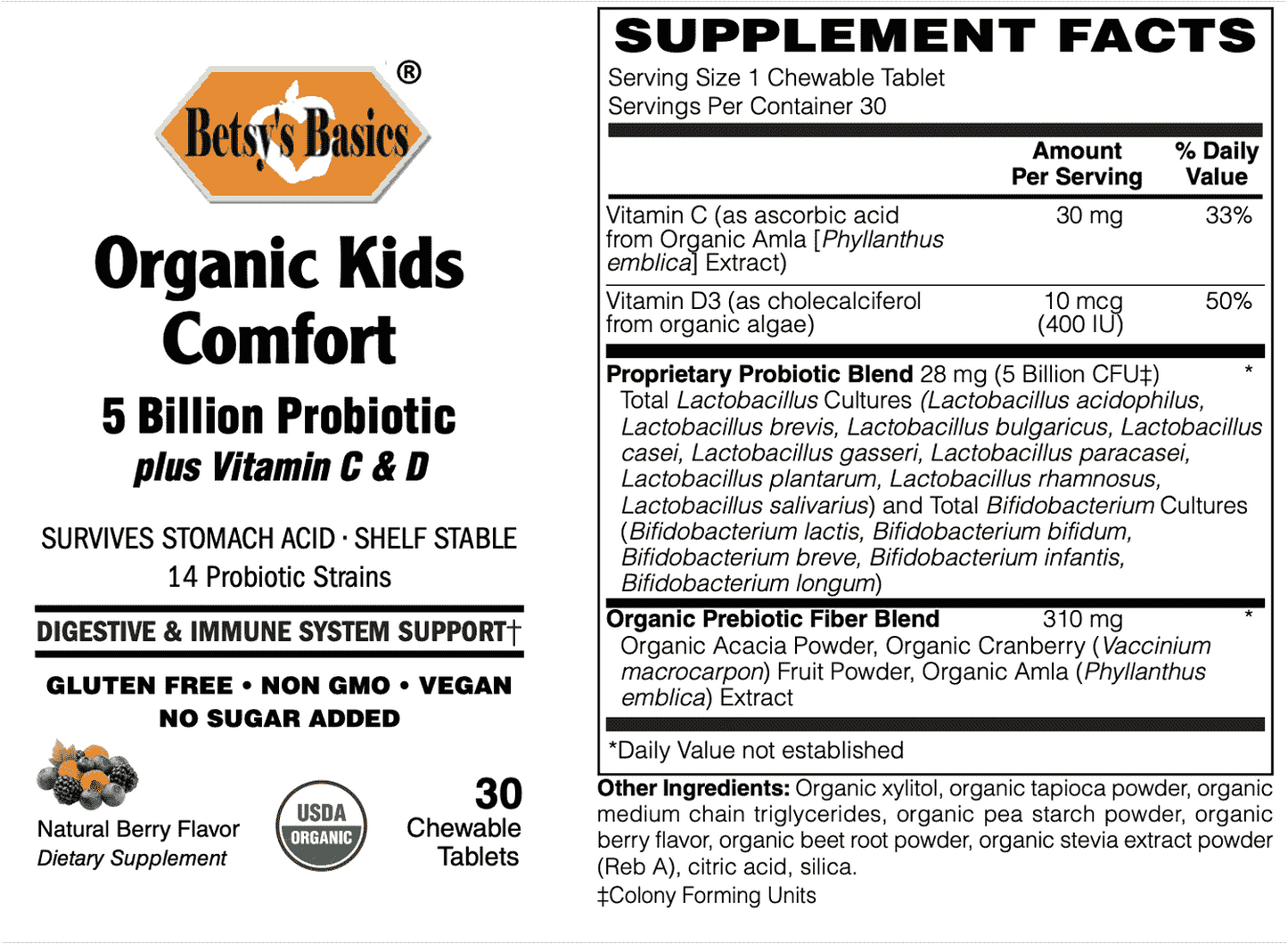 Organic Kids Comfort 5 Billion Probiotic Plus Vitamin C & D, 30 chew tabs