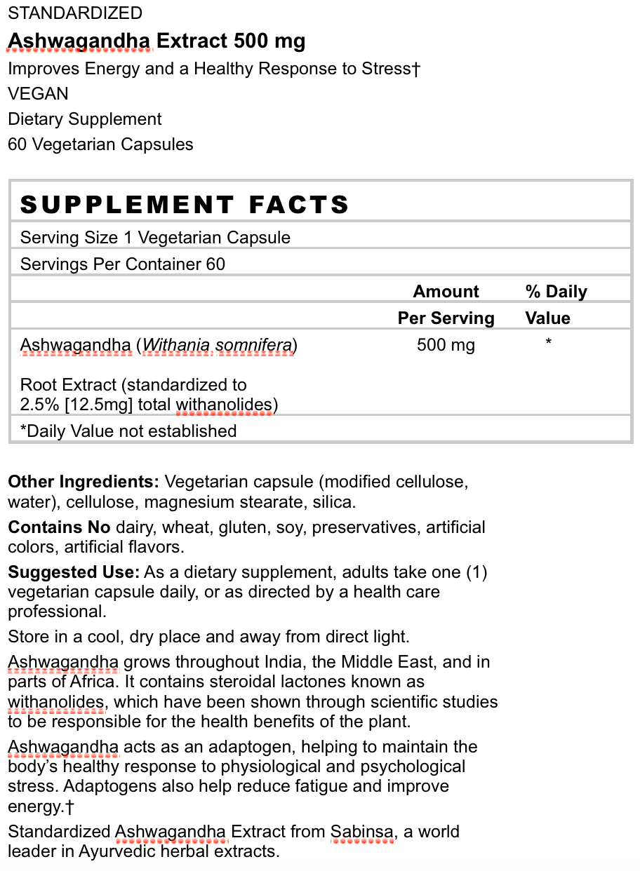 Betsy_s Basics Ashwagandha Extract 500 mg Supplement Facts