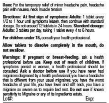 BHI Migraine Relief Tablets Product Label Directions