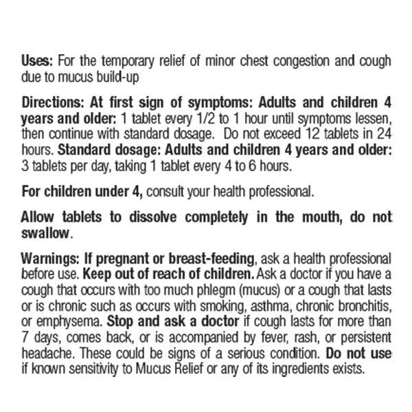 BHI Mucus Relief Tablets Product Directions Label