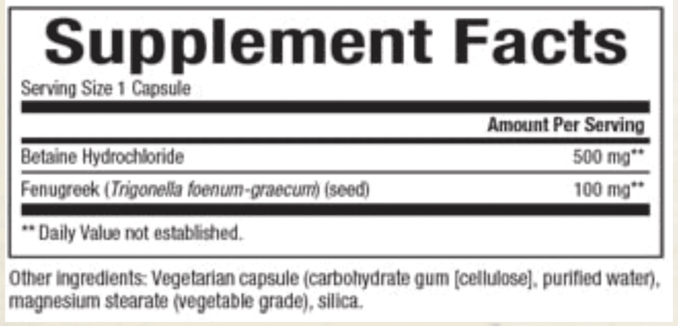 Natural Factors Betaine Hydrochloride 500 mg Supplement Facts