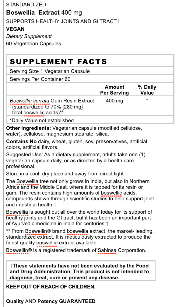 Betsy_s Basics Boswellia Extract 400 mg Supplement Facts